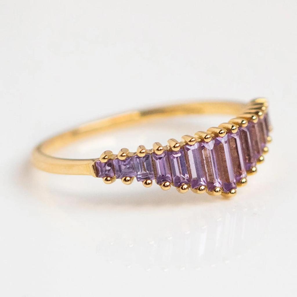 Amethyst Chevron Band – Gold Plated V-Shaped Baguette Cut Ring, Purple Gemstone Stacking Wedding Band, Anniversary Gift for Women