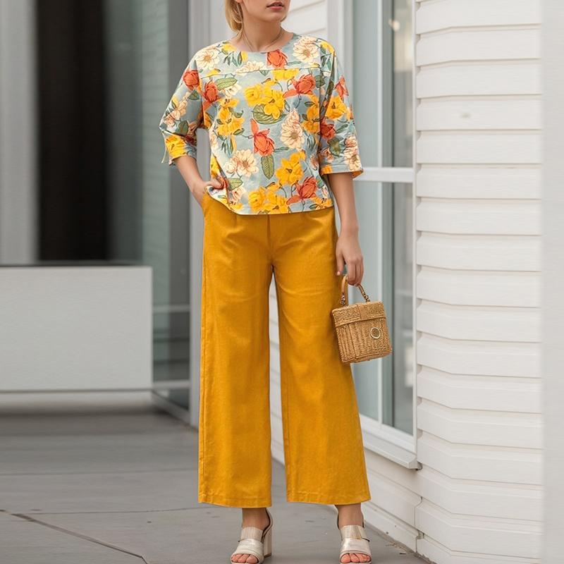 ZANZEA Женский повседневный костюм из двух частей с принтом и блузкой с рукавом 3/4 и брюками