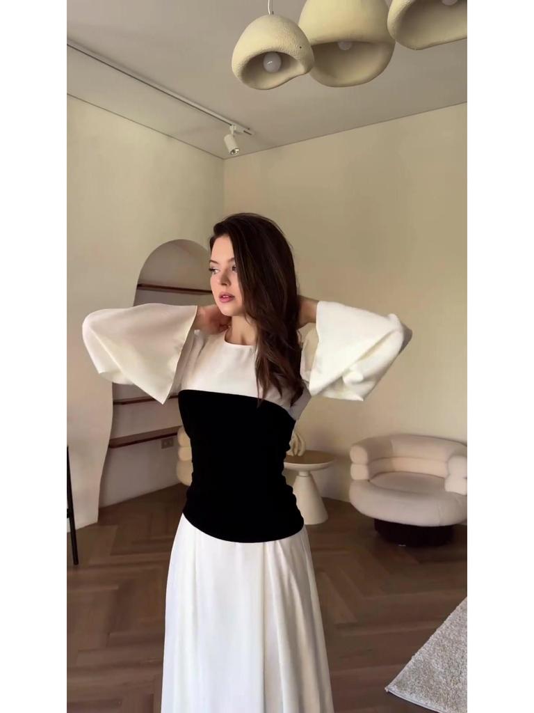 Осень 2023 Черно-белое лоскутное платье макси для светской львицы, стройнящее талию, для женщин