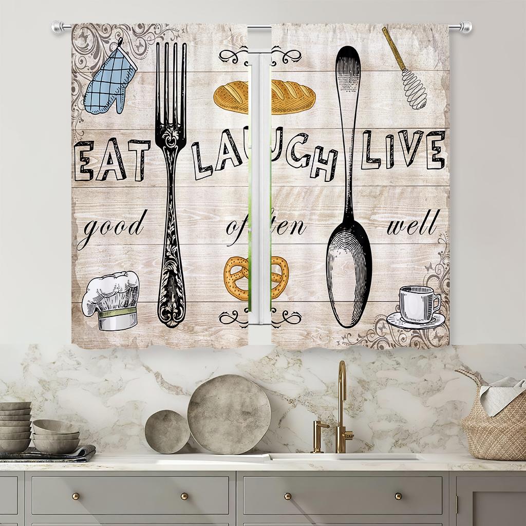 Retro Creative Print Curtain Kitchen Dining Room Living Decoration Curtains Set Of 2 Made Polyester With Rod Pocket Decor