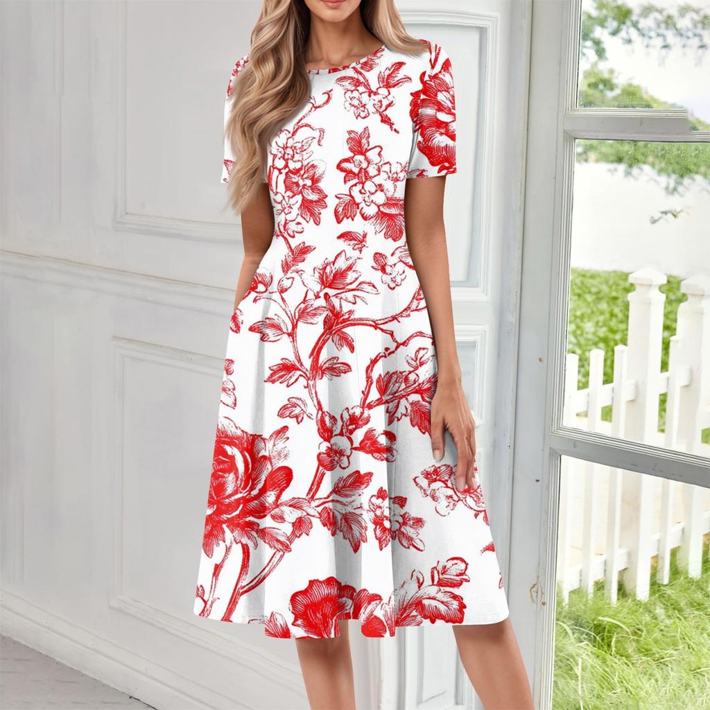 Women's Fashion Short Sleeve Vintage Printed Dress Cosplay Party Evening Dress