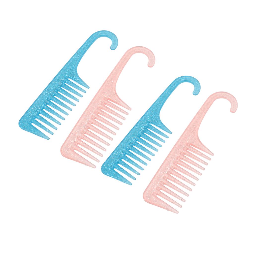 4pcs Wide Tooth Comb with Hook Rounded Handle Detangling Comb Pink Blue Transparency