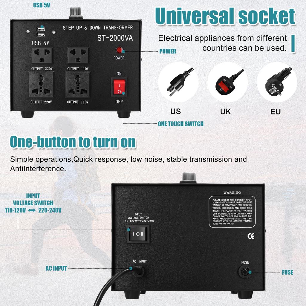 Step Up&Down Transformer Compact Size Voltage Converter 2000VA Portable Home Electrical Appliances