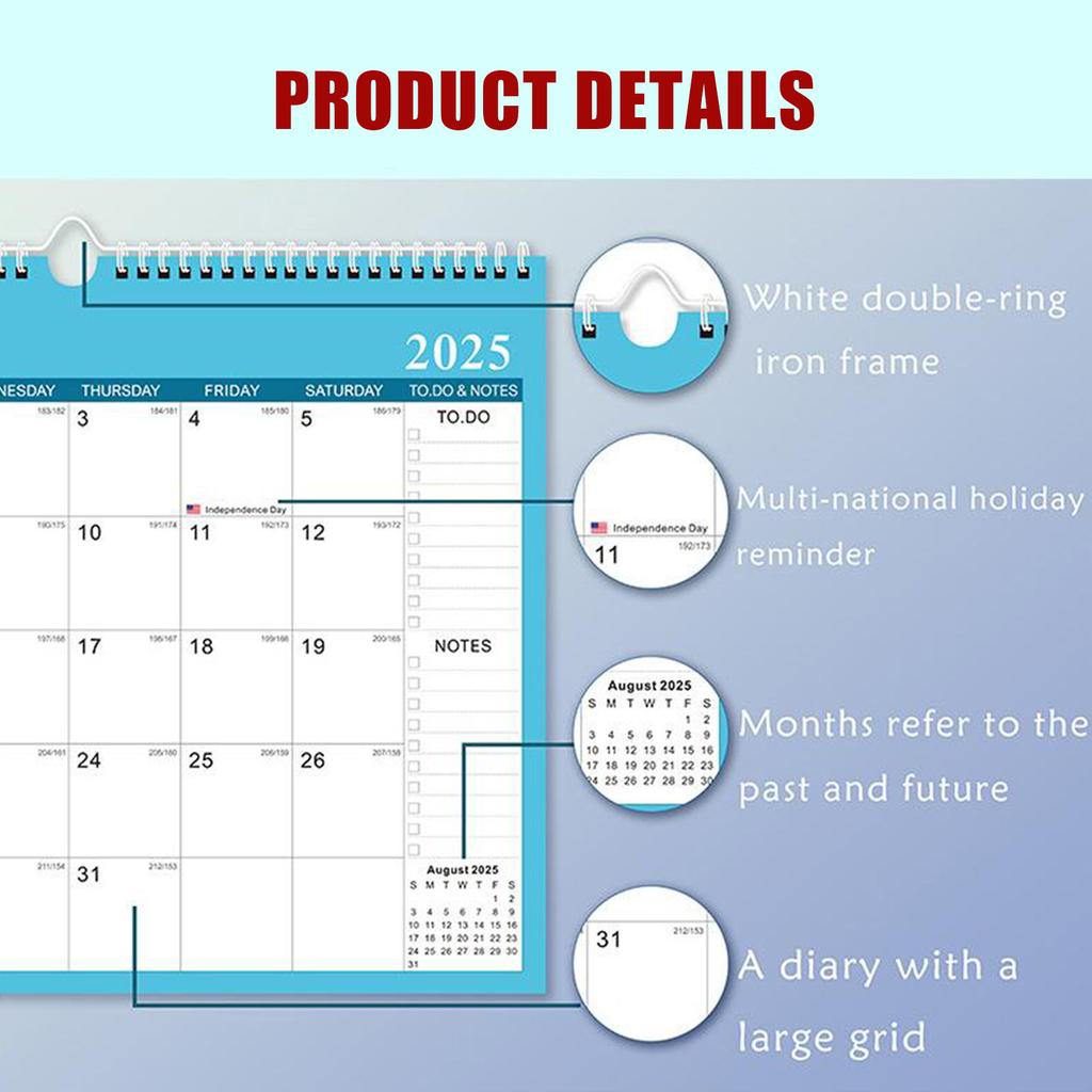 Настенный календарь 2025 года, настенный календарь на 18 месяцев с января 2025 по 2026 год, двойной переплет, большой настенный календарь с плотной бумагой, подходит для дома