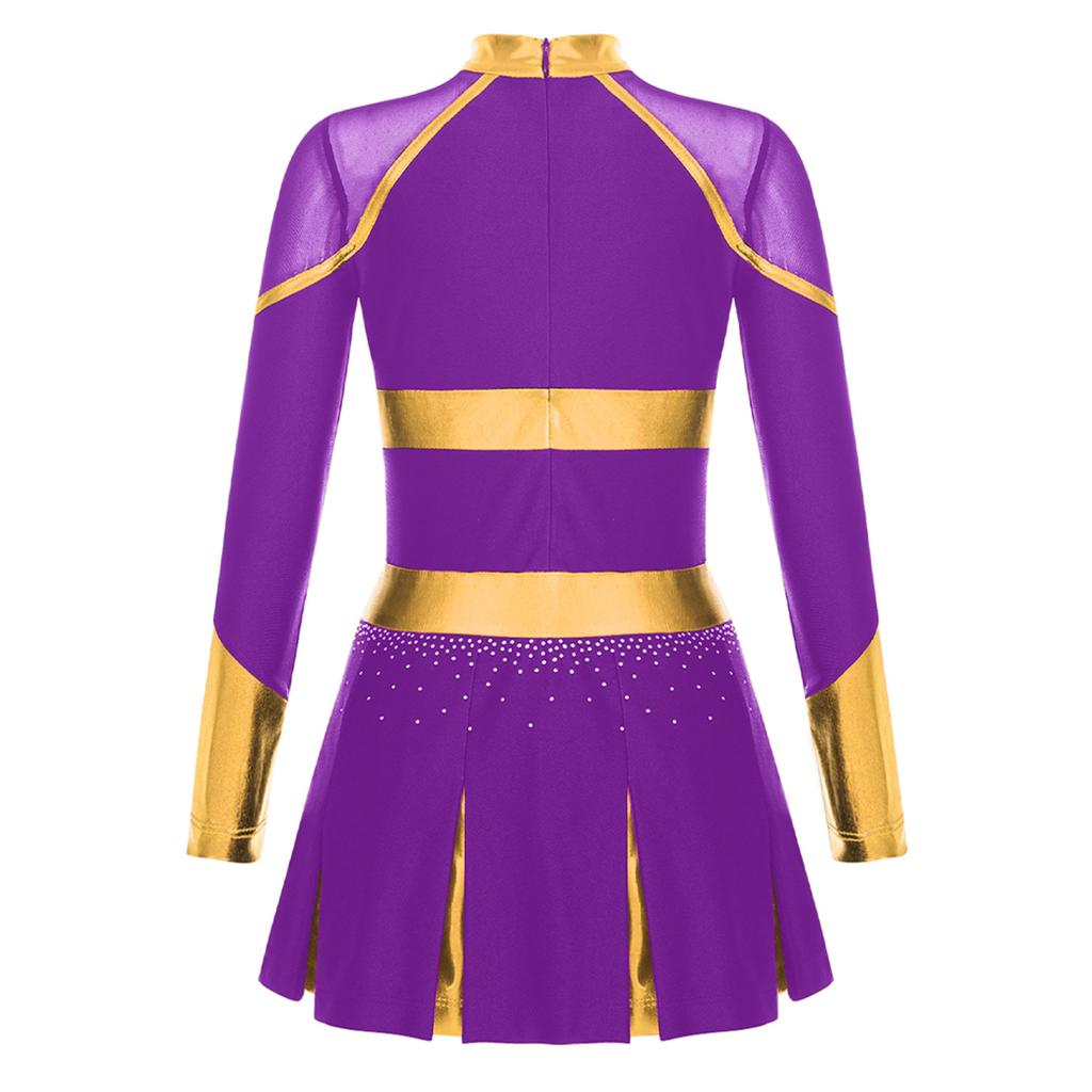 Kids Girls Cheerleading Dance Dress Letter Pattern Shiny Metallic Long Sleeve Pleated Dress