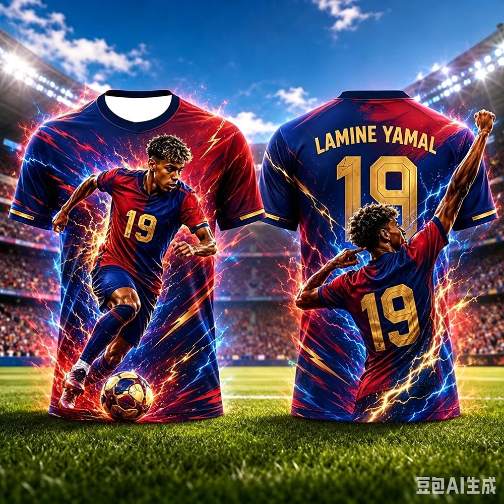Yamal No.19 Football 3D Printed Jersey with Lightning Special Effects, Star Portrait, Quick Drying Sports Short Sleeved Shirt