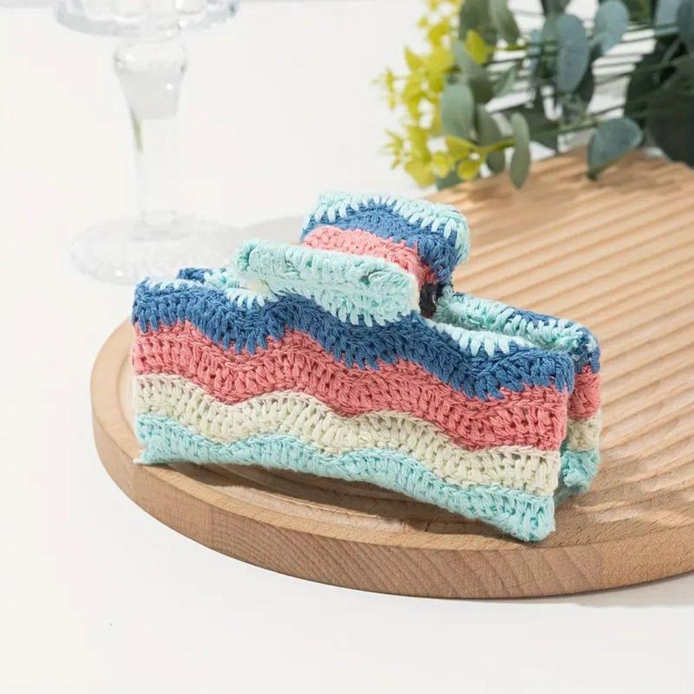 Flower Embroidered Crochet Shark Clip Strawberry Bohemian Style Hair Claw Beach