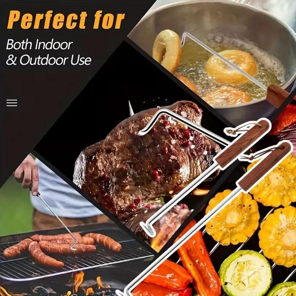 BBQ Meat Hook with Wooden Handle Food Flipper Hook Outdoor Meat Turner Hook  Easy To Clean