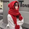 Retro Elegant Woolen Caps Versatile Autumn and Winter All-in-one Hats with Scarf Cute Pom-pom Ear Protection Thick Warm Knitted Hats