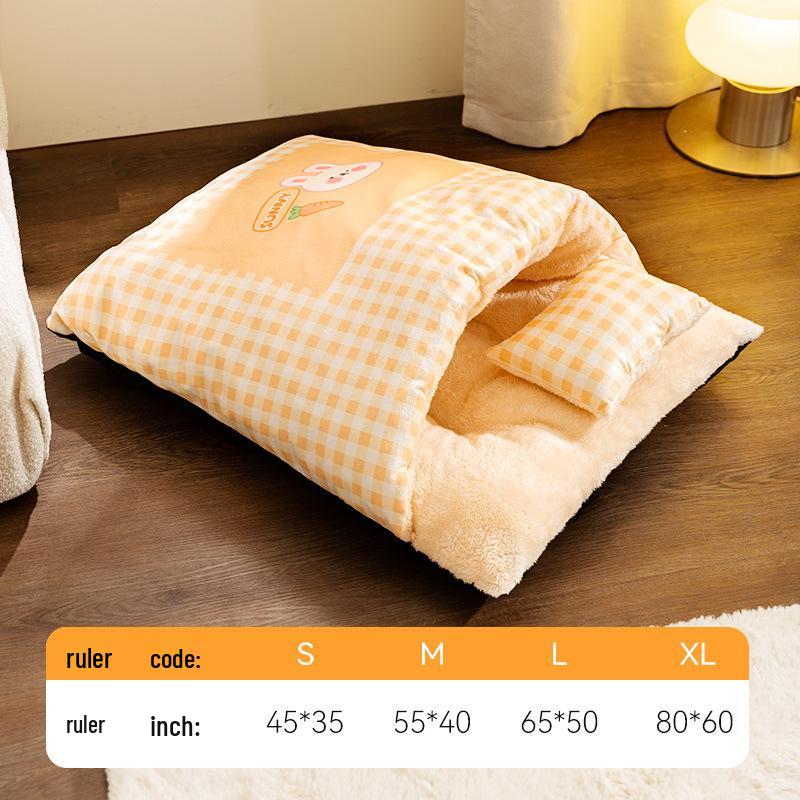 Уютная кровать для кошек и собак: Утолщенный милый спальный мешок для тепла осенью/зимой, закрытый матрас для питомца.