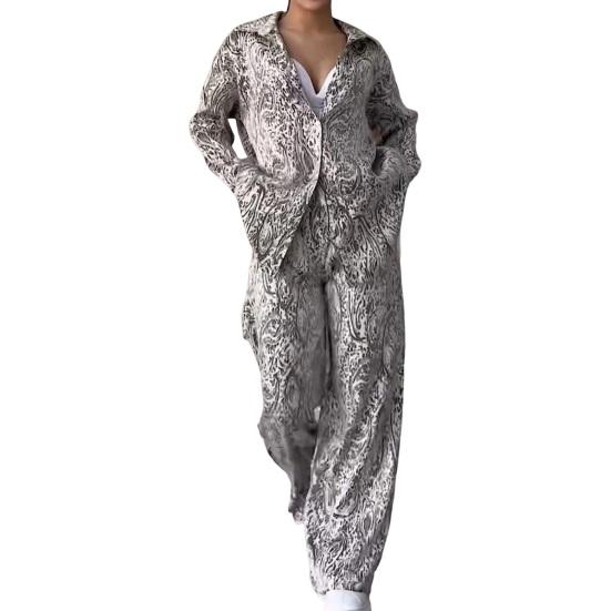 2 шт./комплект женский рубашка брюки комплект домашняя одежда наряд с принтом отложной воротник длинный рукав топ широкие брюки эластичный пояс свободные брюки одежда для поездок на работу