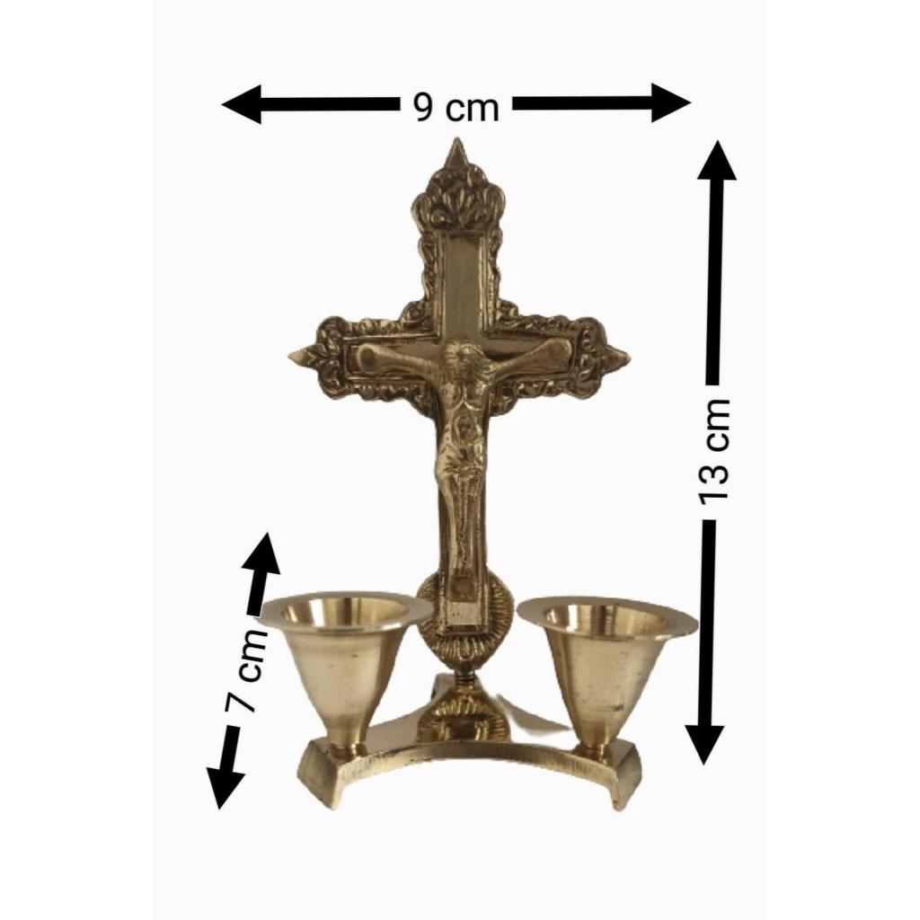 Brass Crucifix Cross Statue | Idol Jesus Christ On Cross with Candle Stand Prayer | Worship Home Office Decoration Golden Antique Finish (5 Inch) New