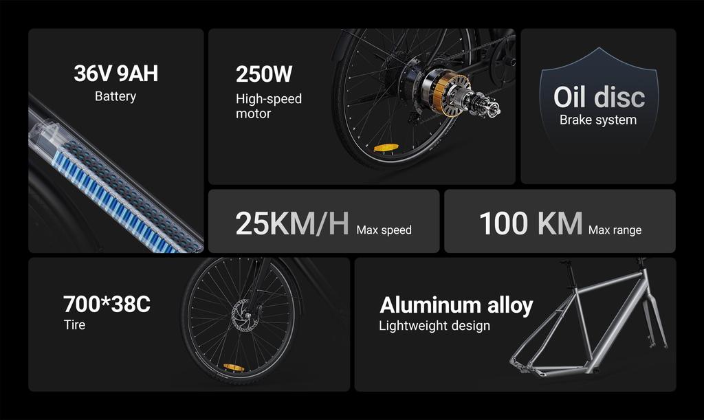 DYU Stroll 1 36V 250W City Electric Bike - 67km Pedal Assist, Ultralight 18.5kg, Hydraulic Disc Brakes, Stylish City Commuter Design