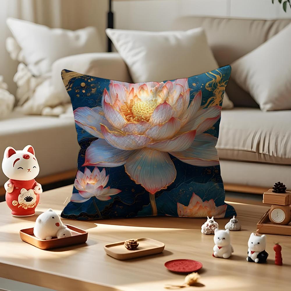 Fashion Lotus Cushion Cover Anti-dustmite Pillowcase Invisible Zipper Silky Short Plush Sofa Cushion Cover