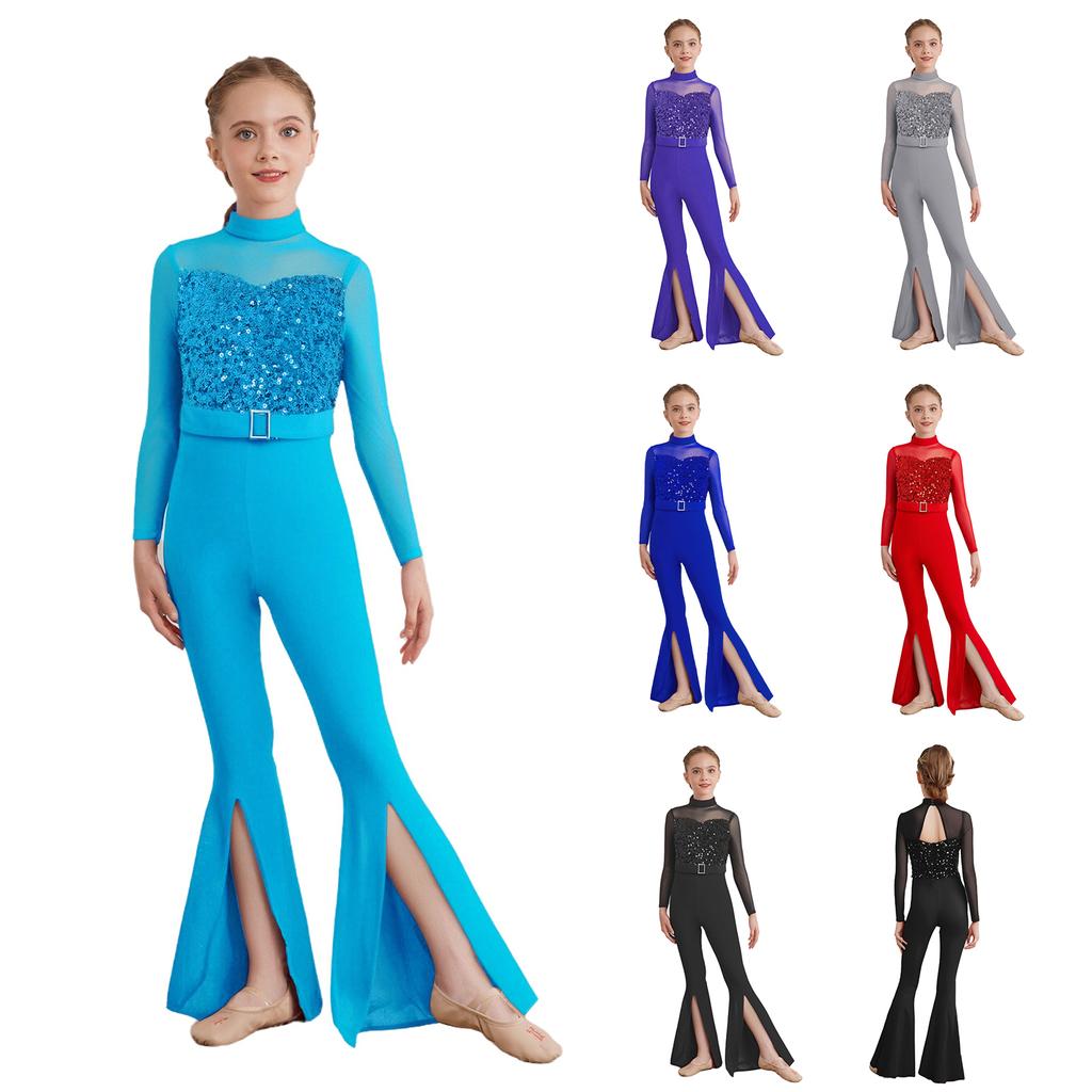 Bell-Bottom Jumpsuit for Girls: Mock Neck Long Sleeve with Sequins Bodice, Sheer Mesh & Back Cutout for Competition