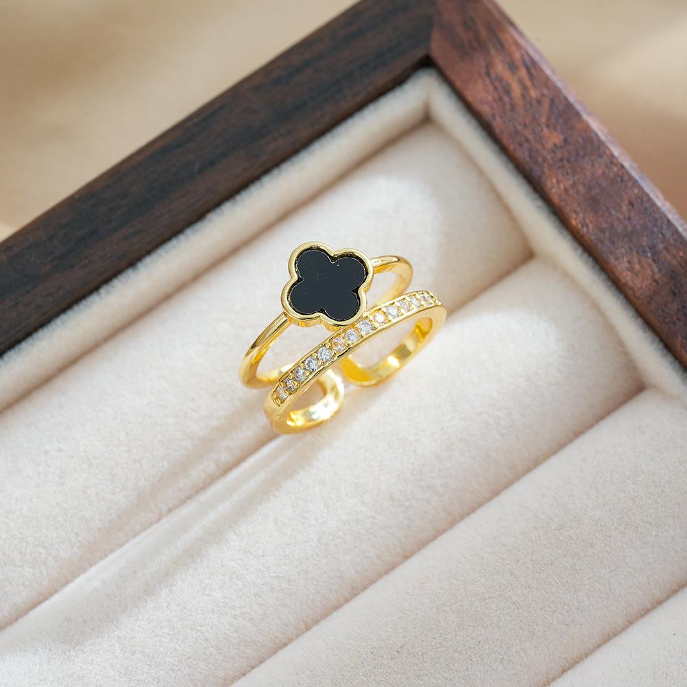 Модное кольцо с четырьмя листами клевера и цирконием для женщин, роскошное регулируемое кольцо с открытым лепестком и чувством ниши