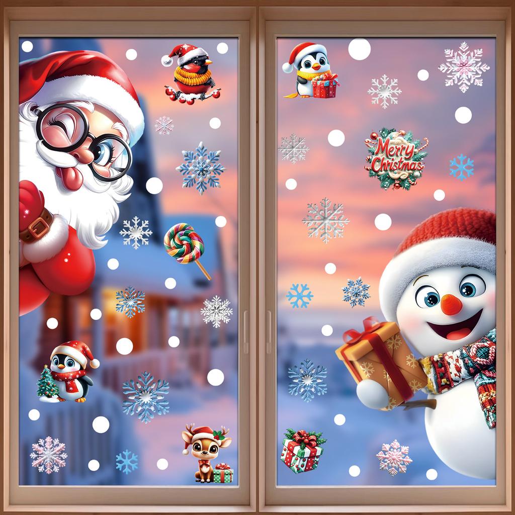 3D Christmas Window Stickers Electrostatic Cling with Santa Claus Snowman Snowflakes for Home Office Party Decor Reusable