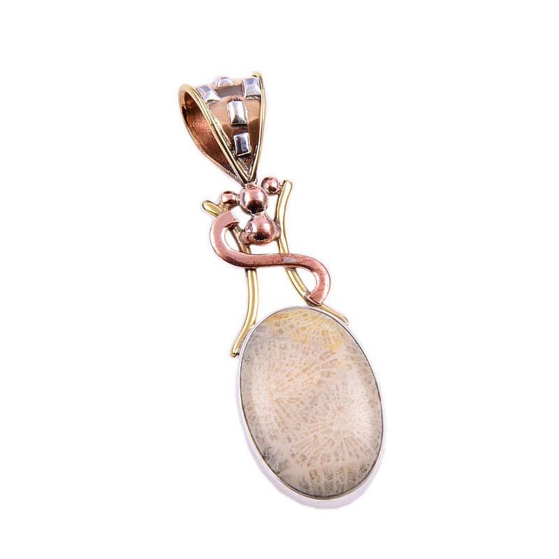 Подвеска из натурального ископаемого коралла из стерлингового серебра 925 пробы в двухцветном исполнении 1,75 дюйма l9r89