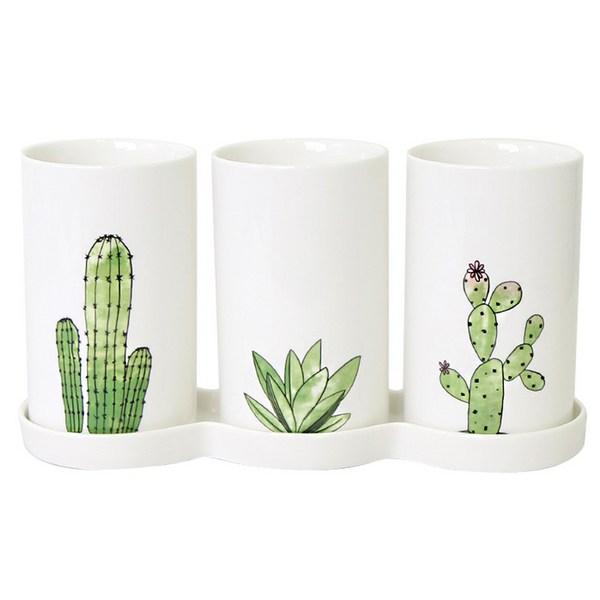 Happy Life Cactus Cutlery Holder (3 Pieces), Mixed Colors, 1 Set, Korean Popular Tableware