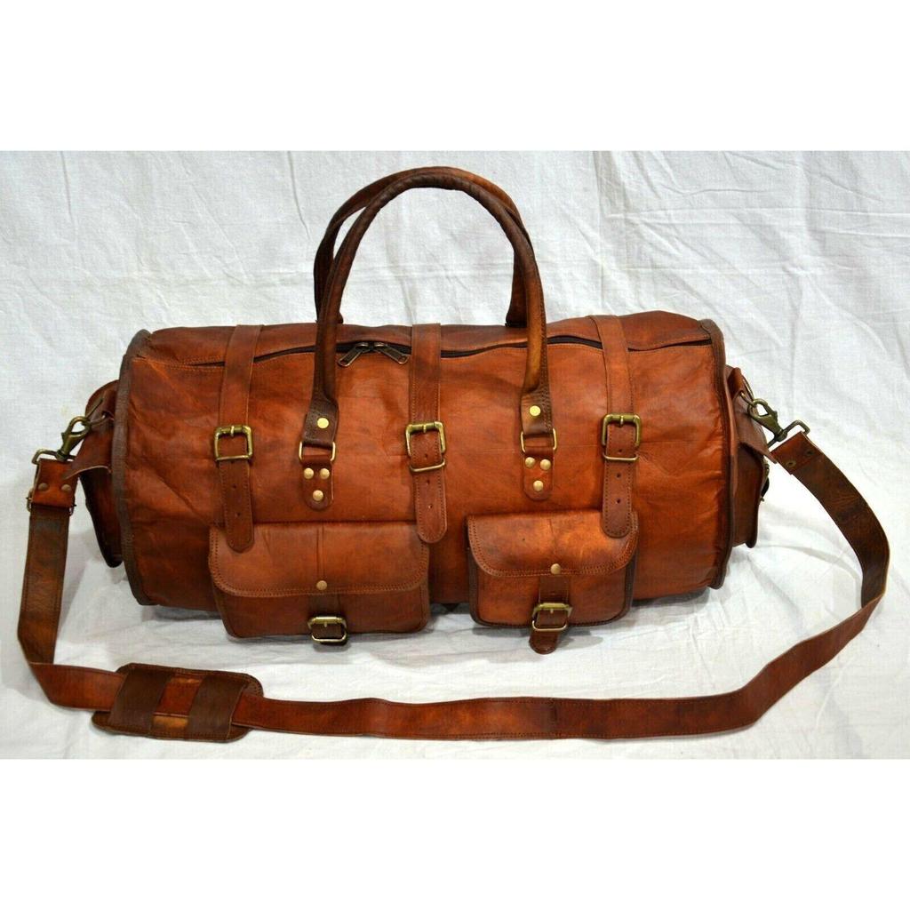 New Hide Leather Goat Travel Men Gym Bag Genuine Luggage Duffel Vintage Brown