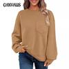 Women's Knit Jacquard Long Sleeve Round Neck Chest Pocket Sweatshirt Casual Loose Pullover Sweatshirt