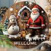 Wooden Christmas Welcome Sign Welcome Round Sign with Snowman & Santa Claus Pattern, Ideal for Front Door Wall Hanging Decor, Ideal Christmas Gift