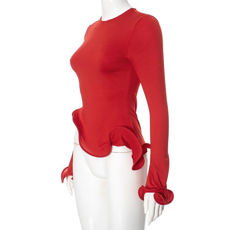 Street Irregular Ruffled Flare Sleeve Casual T-shirt for Women Fashion Elegant O Neck Slim Fit T-Shirt Women Solid Simple Y2K Female Tee Tops 26190