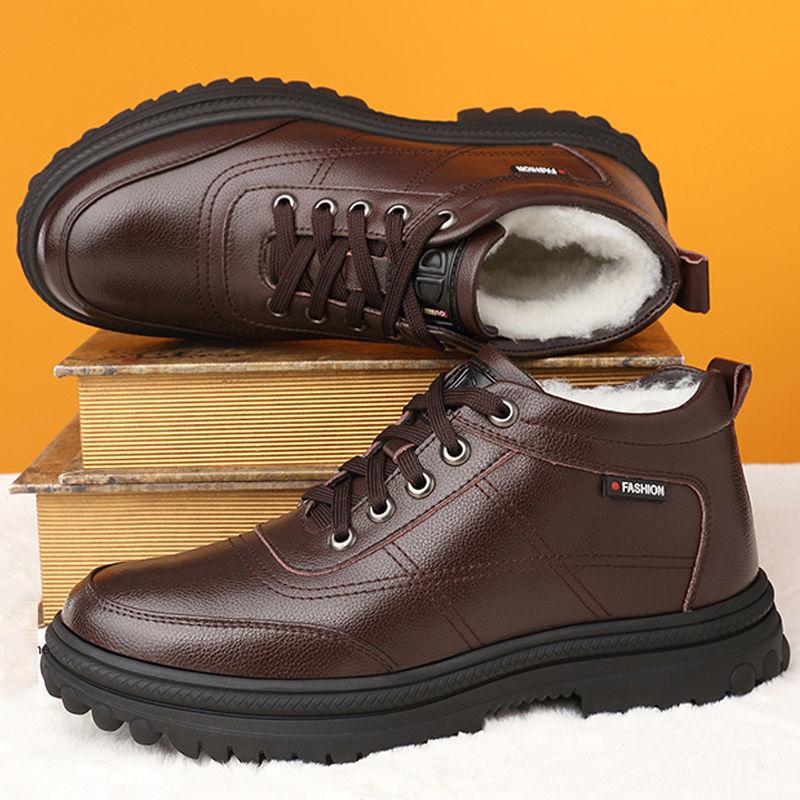 [Натуральная кожа шерсть] Мужские хлопковые туфли с бархатом для сохранения тепла, туфли из натуральной коровьей кожи, высокие нескользящие зимние ботинки на толстой подошве