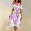 Women's Summer Fashion V-Neck Flared Dress Short Sleeve Floral Dresses