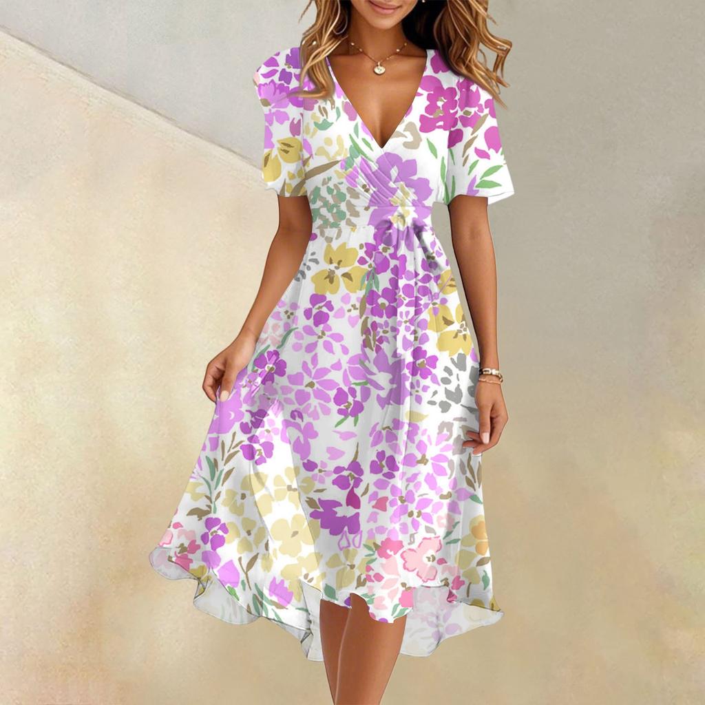 Women's Summer Fashion V-Neck Flared Dress Short Sleeve Floral Dresses