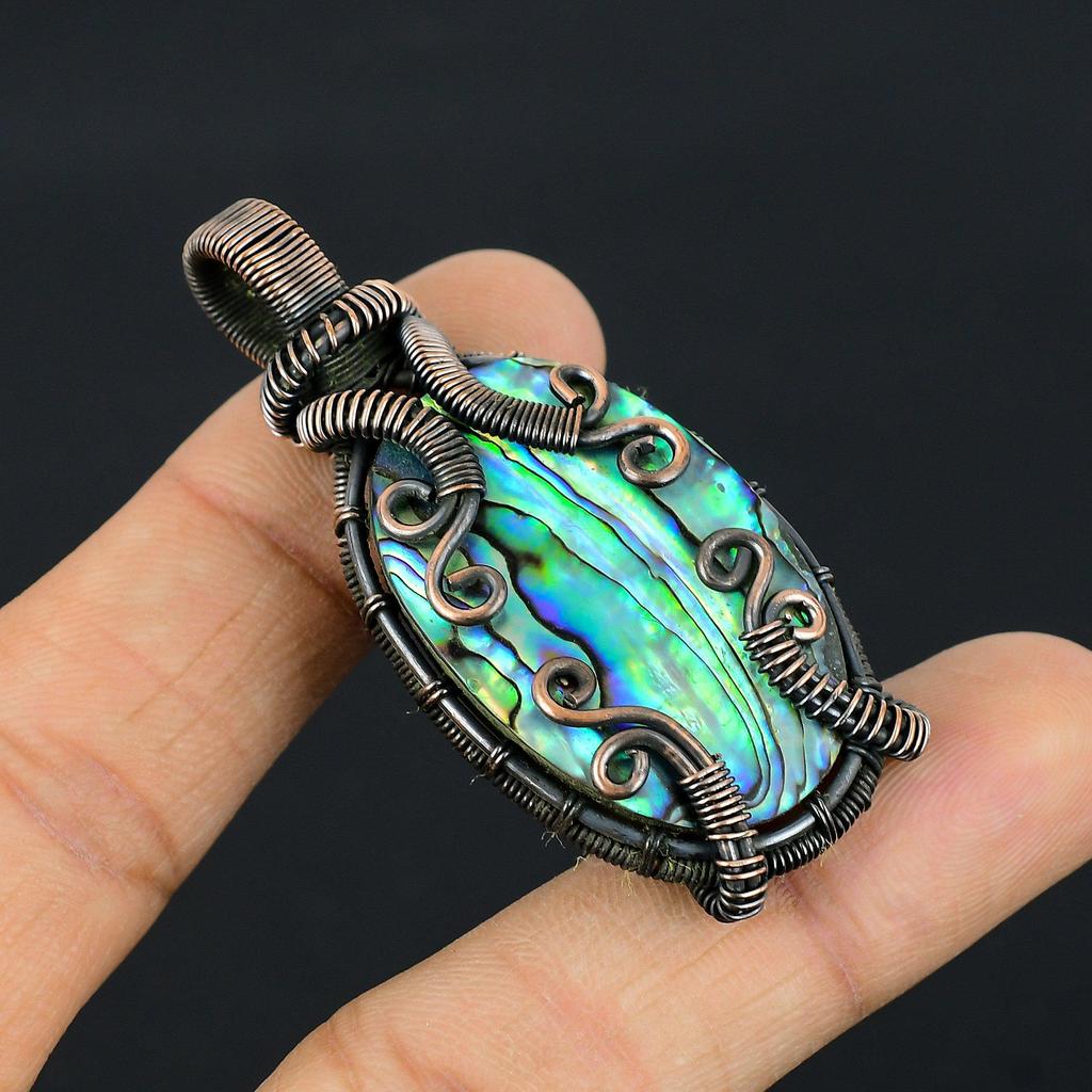 Abalone Shell 999 Copper Wire Wrapped Pendant, Handmade Gemstone Pendant Jewelry, Gifts For Wife Brand New Pendant
