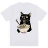 Funny Noodle Ramen Black Cat Graphic T-shirt Fashion Men's Women's Popular Short Sleeve Y2K Oversized Cotton T Shirts Streetwear