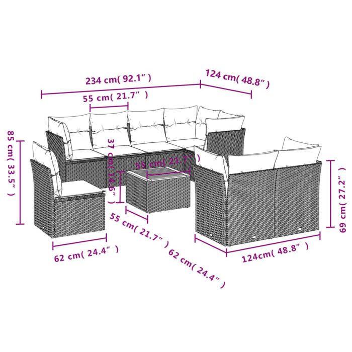 VidaXL Salon de Jardin avec Coussins 9 pcs, Canapés de Terrasse, Ensemble de Meubles de Patio, Mobilier d'Extérieur, Noir 3256069