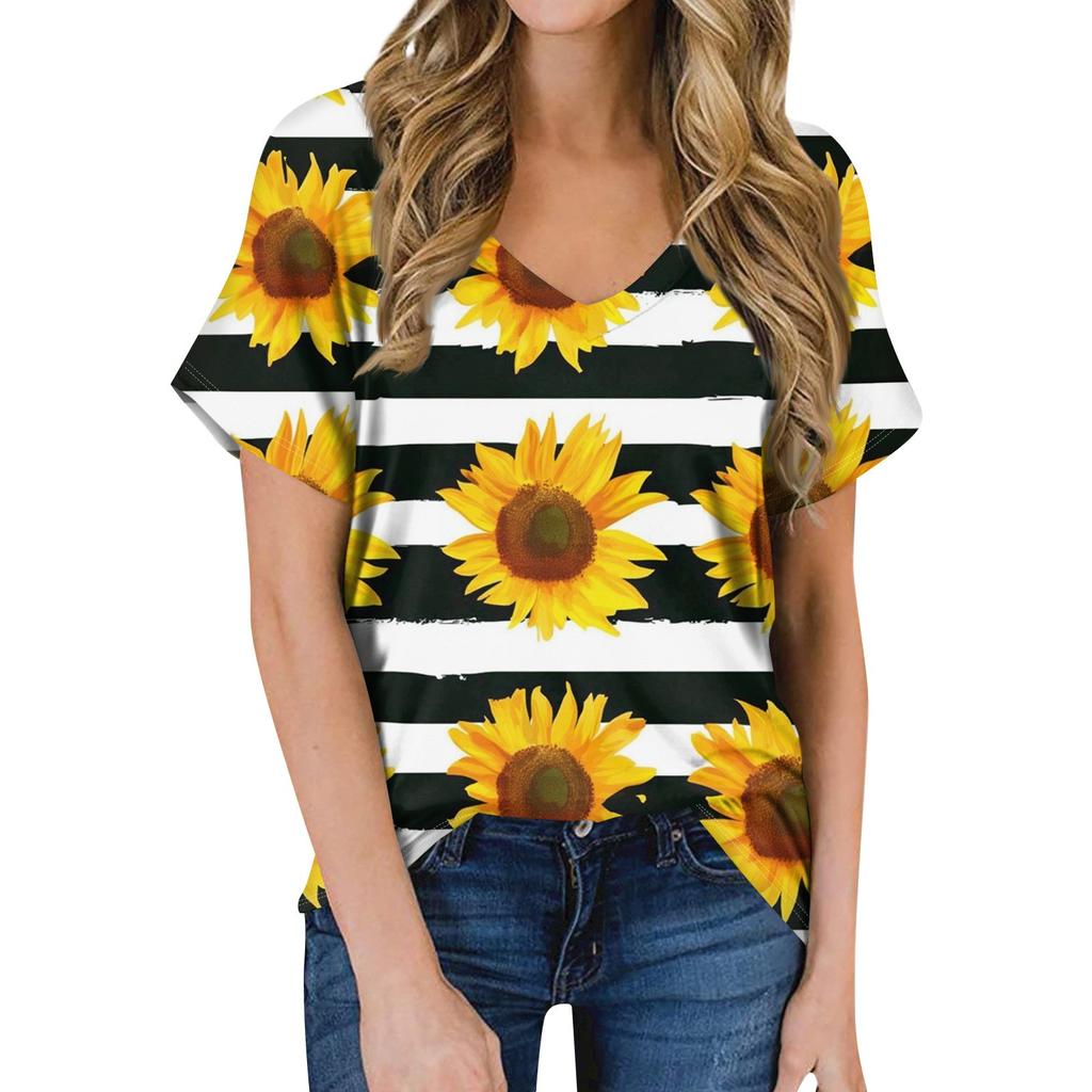 Женская летняя модная повседневная блузка с V-образным вырезом и коротким рукавом с принтом