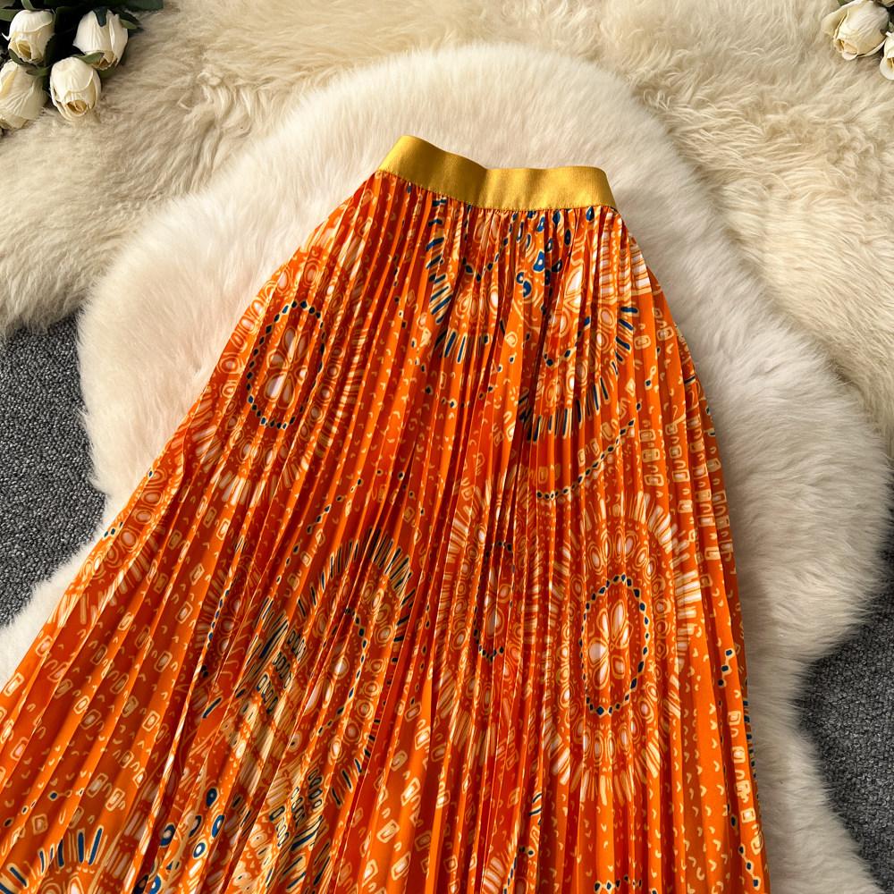 Весна Лето Женская Элегантная Юбка Макси с Принтом, Эластичной Талией и Плиссировкой для Пляжного Отдыха, Только Один Размер