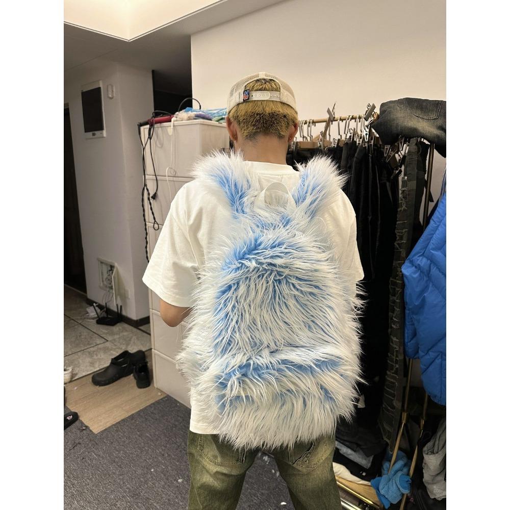 Сумки Двухцветный Контрастный Цвет Ледяной Голубой Пушистый Мужской и Женский Тренд Рюкзак для Отдыха Женский Зимний Школьный Рюкзак