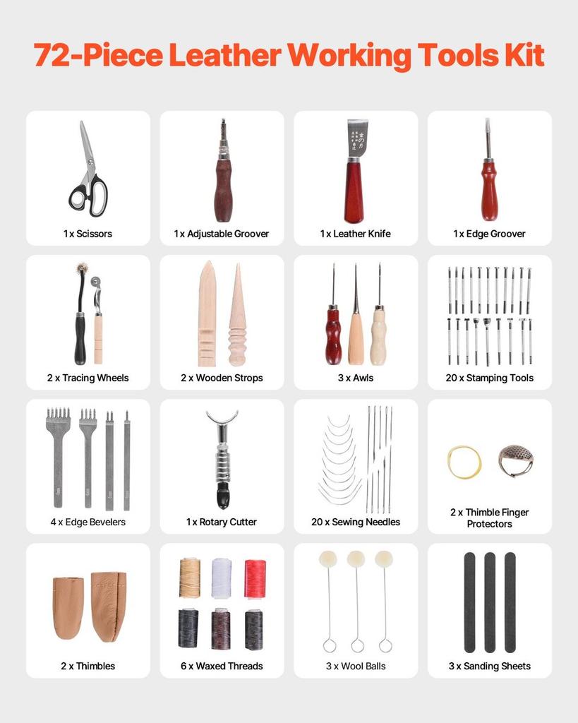 Leather Working Tools Kit 72 PCS Engraving Punching Stamping Sewing Tools