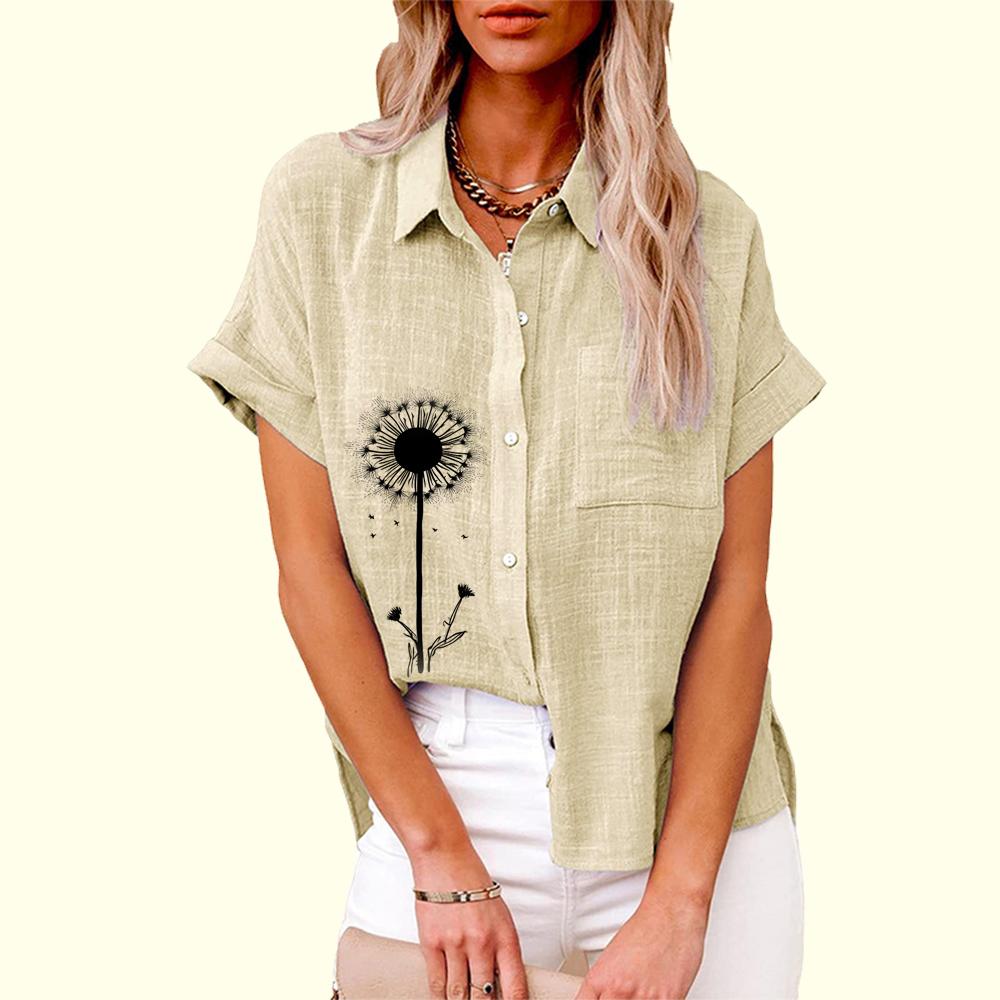 Большие размеры Женская модная блузка с цветочным принтом на пуговицах Льняной топ Женская повседневная свободная футболка с коротким рукавом