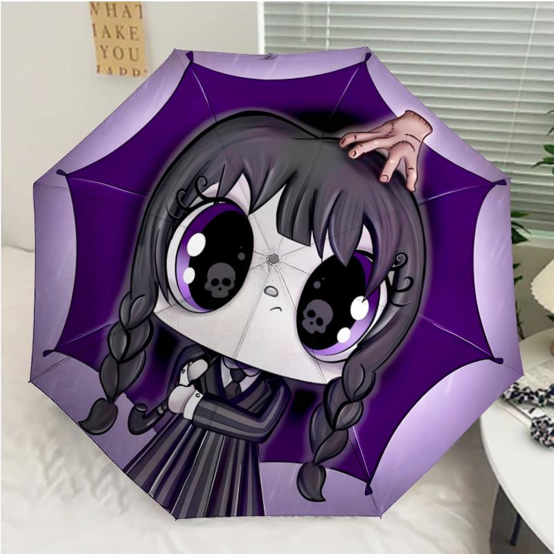 Wednesday Addams Print Automatic Umbrella, 8 Rib Iron Frame, Plastic Handle, Suitable for Outdoor Travel &Daily , Ideal Gift
