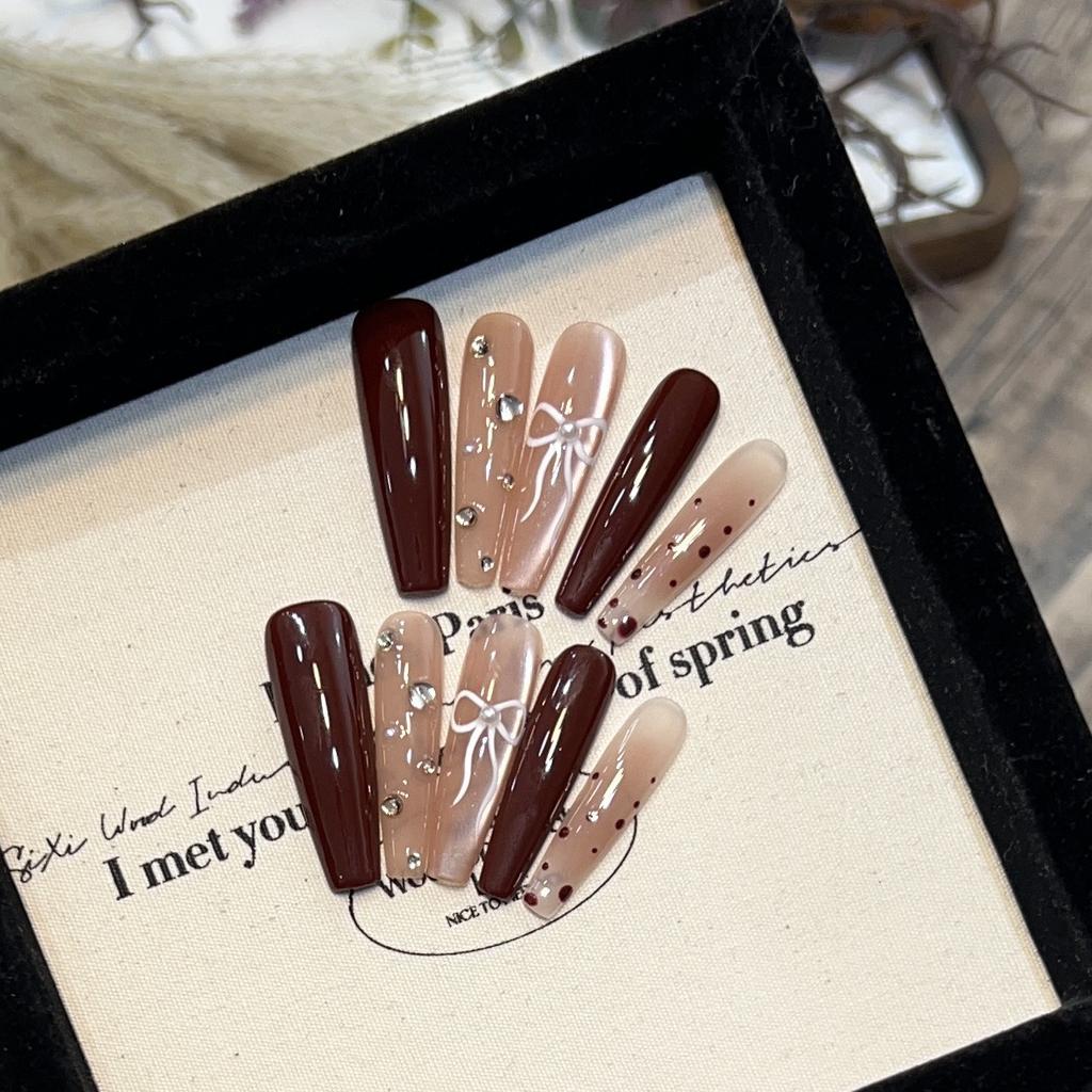 Длинный стиль Носимая броня Чисто ручная работа Кошачий глаз Бант Нейл-арт Осень и Зима Горошек Битый бриллиант Накладной ноготь Съемный