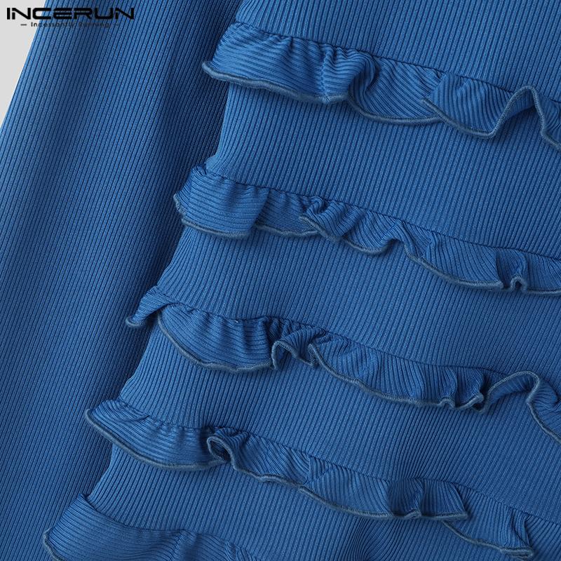 INCERUN Мужские топы с высоким воротом и длинным рукавом, облегающие, с оборками, короткие, майки