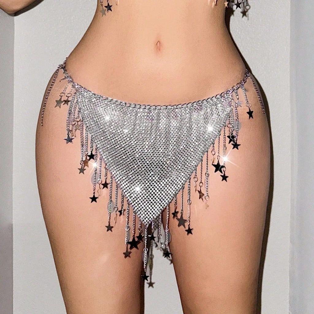 Summer Handmade Bikini Sequins Waist Chain Simple Sexy Star Fringed Mesh Drill Chest Chain Body Chain