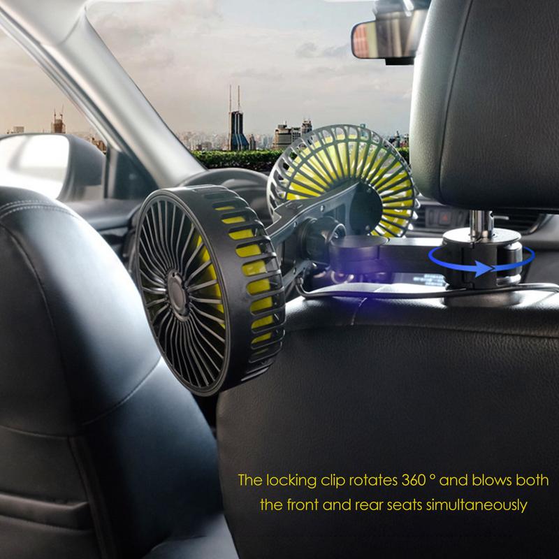 Вентилятор на спинку сиденья автомобиля, двухголовый охладитель для заднего сиденья, вращающийся на 360 градусов, простая установка, летний охлаждающий вентилятор с 3 скоростями