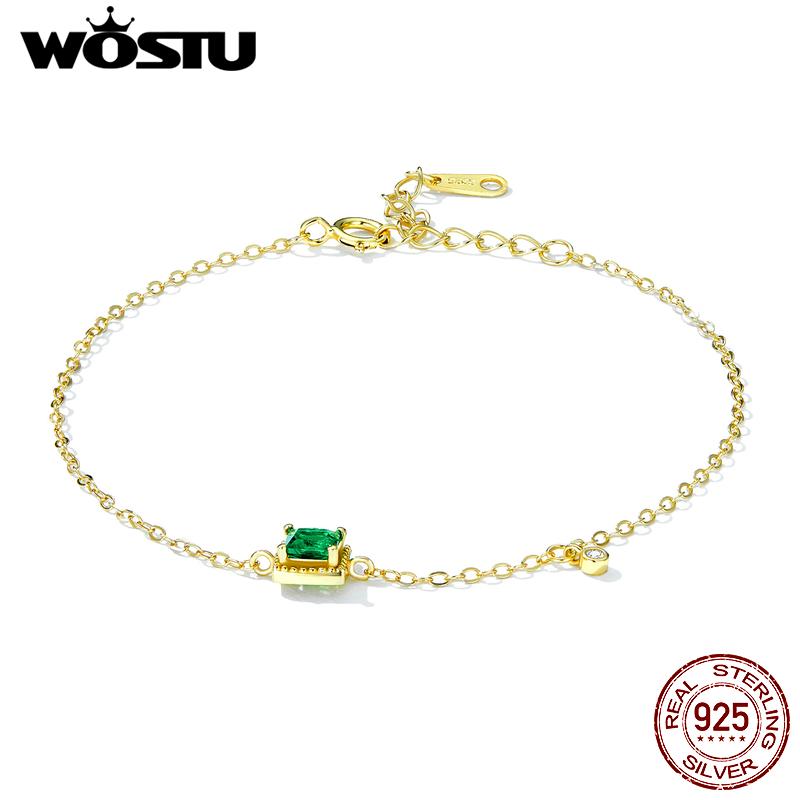 WOSTU Натуральный браслет из стерлингового серебра 925 пробы с блестящим квадратным зеленым цирконом для девочек, модная женская базовая цепочка, ювелирные украшения, подарок на вечеринку