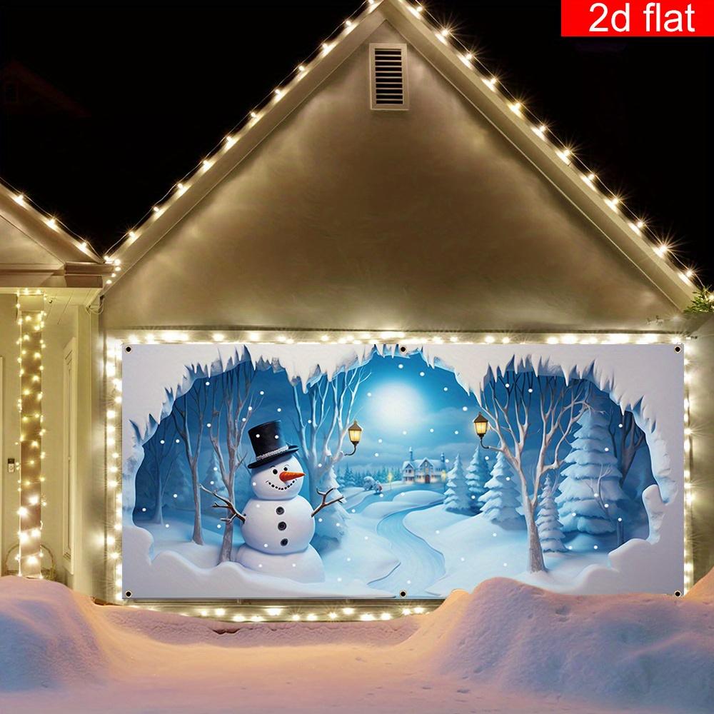 2D door banner, 1pc holiday Christmas garage door banner - snowmen, trees and lights of snow scene, polyester, indoor/outdoor