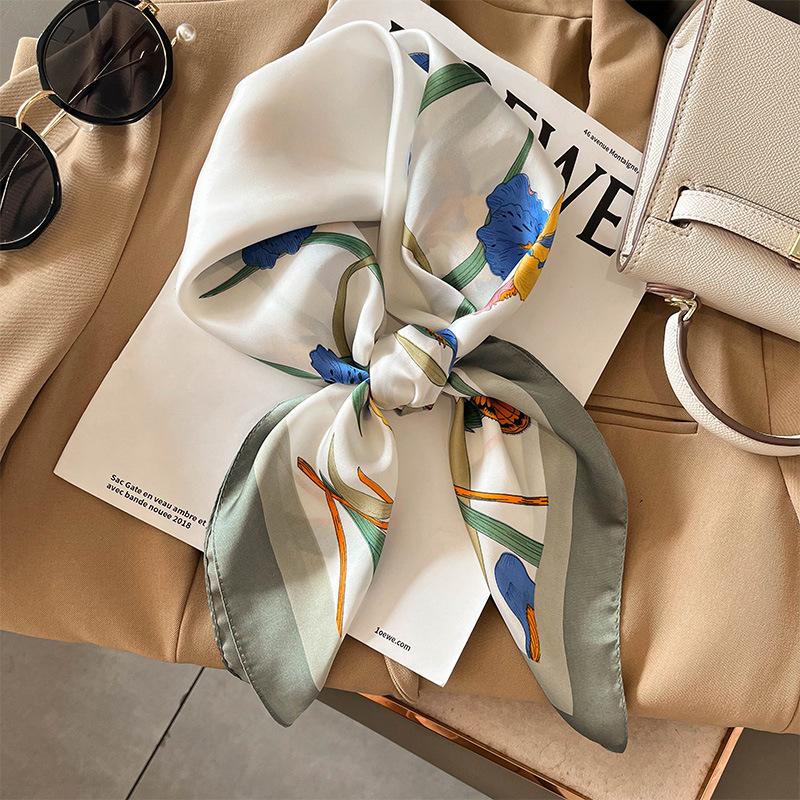 Elegant Skinny Silk Square Scarf Women Floral Print Foulard Neckerchief Head Hijab Bandana Bag Ribbon Lady Soft Satin Hairband