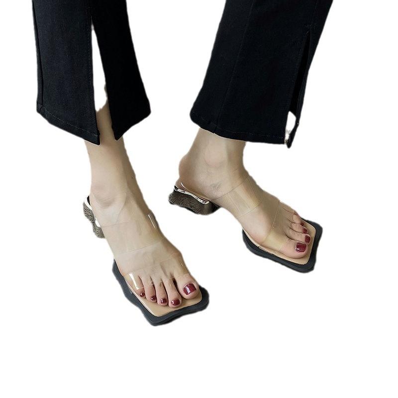 Интернет-знаменитость квадратный носок прозрачные шлепанцы на низком каблуке модные крутые тапочки женские лето 2025 новый ретро верх с открытым носком