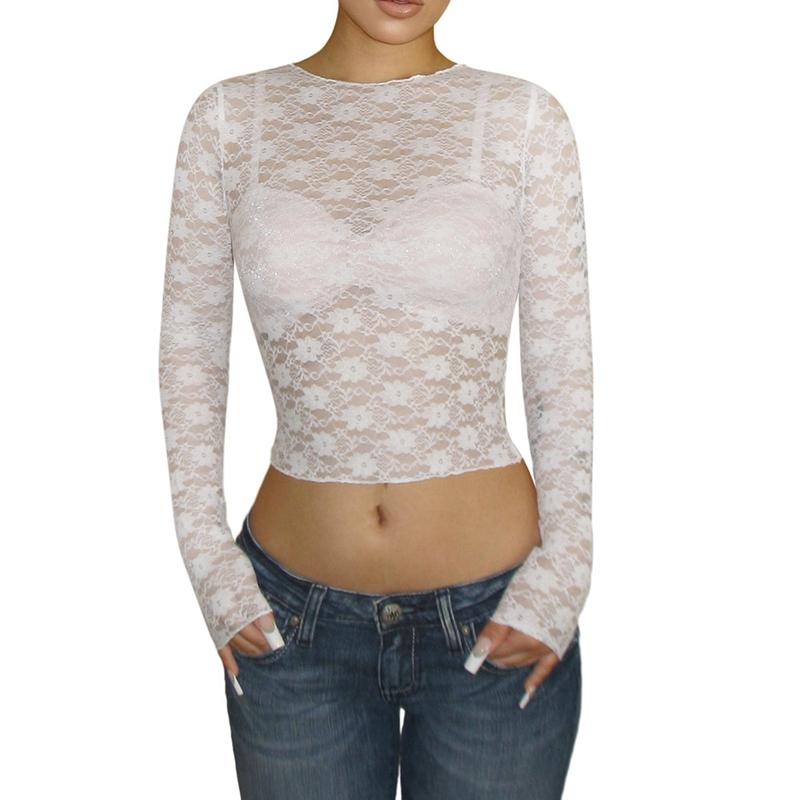 Женский кружевной сетчатый кроп-топ с длинными рукавами