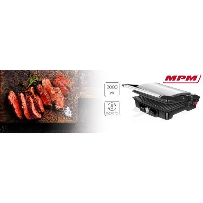 Gril, Contact Grill, Réglable en Hauteur, Ouverture 180°, Plaques Antiadhésives MPM MGR-09M 2000W Noir/Argent 00149