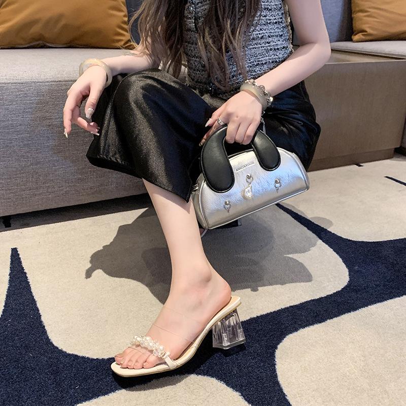 Summer New Trendy Casual Square Head with Transparent Sandals Women's High Heels Crystal Thick Heel Cool Slippers